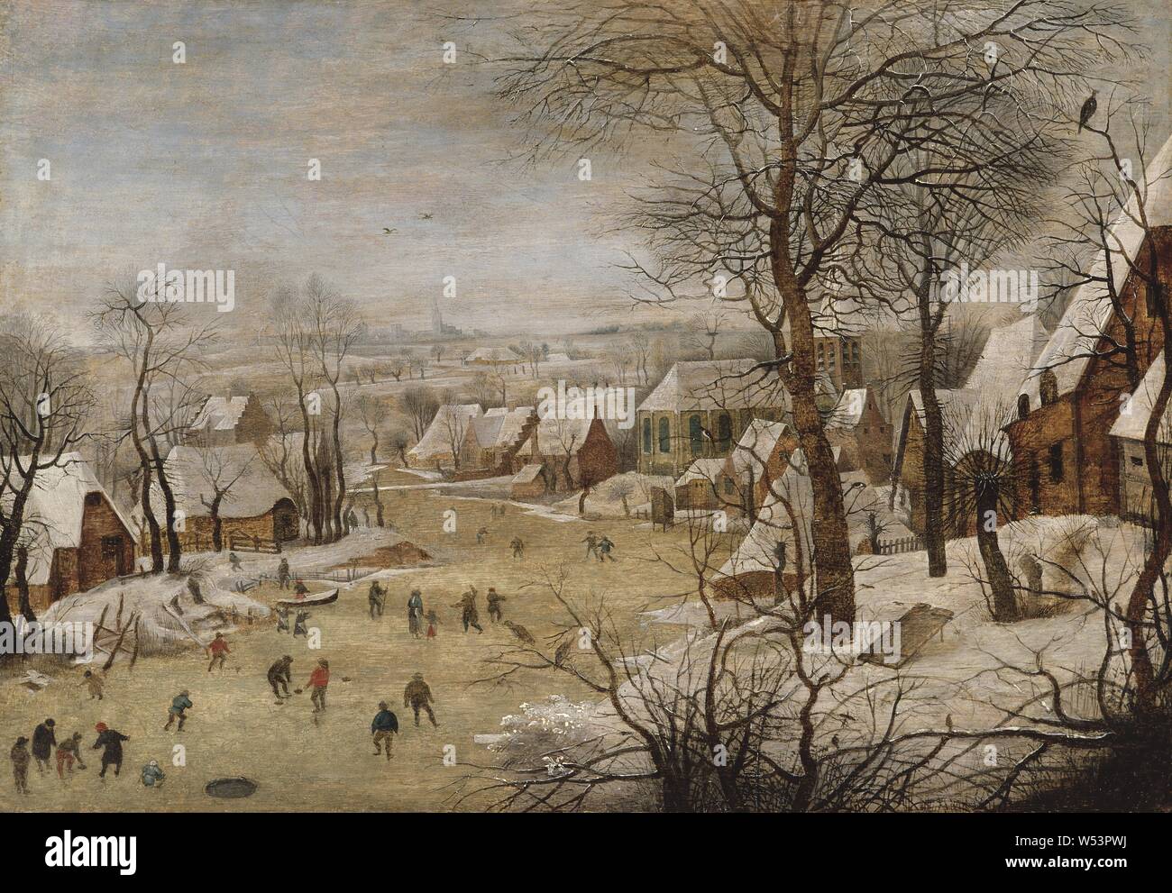 Pieter Breughel le Jeune, paysage d'hiver avec patineurs et un piège à oiseau, paysage d'hiver avec patineurs et trappe d'un oiseau, la peinture, l'art du paysage, huile sur panneau, 39,5 cm de hauteur, (15,5 pouces), largeur, 57 cm (22,4 pouces), Banque D'Images