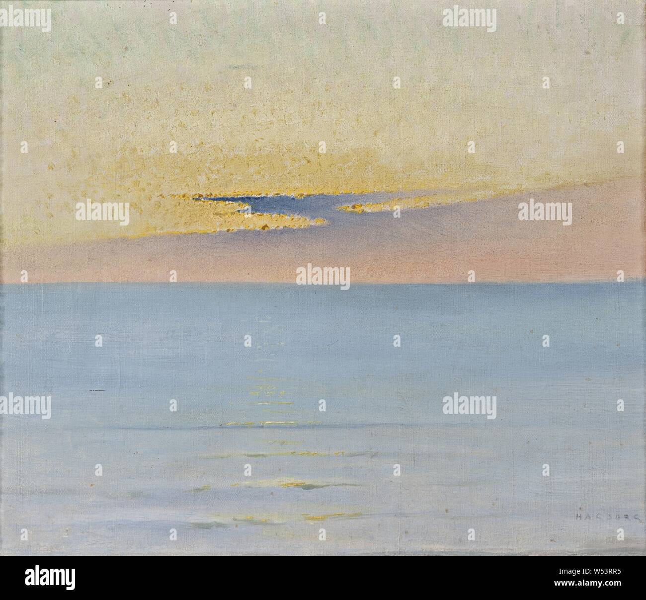 August Hagborg, dans la mer au coucher du soleil, le suédois dans le coucher du soleil la lumière, peinture, huile sur toile, hauteur, 29,5 cm (11,6 pouces), largeur, 35 cm (13,7 pouces), signé, HAGBORG. Banque D'Images