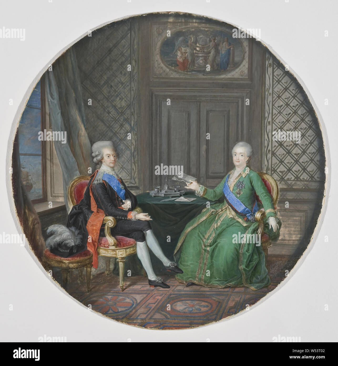 Hoeyer Cornelius, le roi Gustav III et de Catherine II, le Roi Gustave III et Catherine II de Russie en 1783 Frederikshavn, Gustaf III et Catherine II de Russie en 1783 Frederikshavn, peinture, double portrait, Gustav III de Suède, 1784, aquarelle sur papier parchemin, hauteur, 26,5 cm (10,4 pouces), signé, HOYER 1784 Banque D'Images