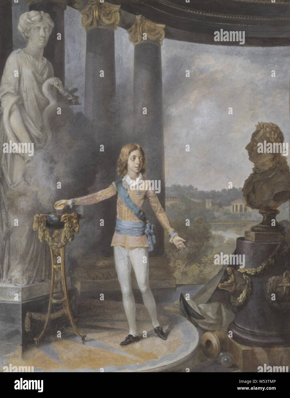 Niclas Lafrensen, le Roi Gustav II Adolf, le Roi Gustave IV Adolphe de Suède des sacrifices à Hygia pour son père, Gustave IV Adolphe Santé Hygiène des sacrifices pour la santé de son père, peinture, portrait, Gustave II Adolphe de Suède, 1792, gouache sur papier, glacé, hauteur, 39,5 cm (15,5 pouces), largeur, 31 cm (12,2 pouces), signé, un Lafrensen 1792 Banque D'Images