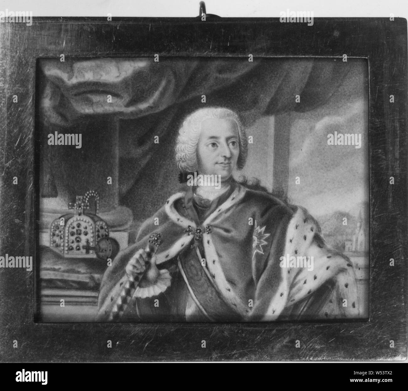 Charles VII, VII Karl Albrecht, 1697-1745, German-Roman (dans l'empereur Karl VI) inventaire Gripsholm, Suédois KARL VII ALBERT (1697-1745), Empereur German-Roman, Conservateur de Bavière, roi de Bohême, marié à Maria Amelia, d'Autriche, peinture, Aquarelle et gouache sur parchemin, hauteur, 5 cm (1,9 po), largeur, 6,5 cm (2,5 pouces) Banque D'Images