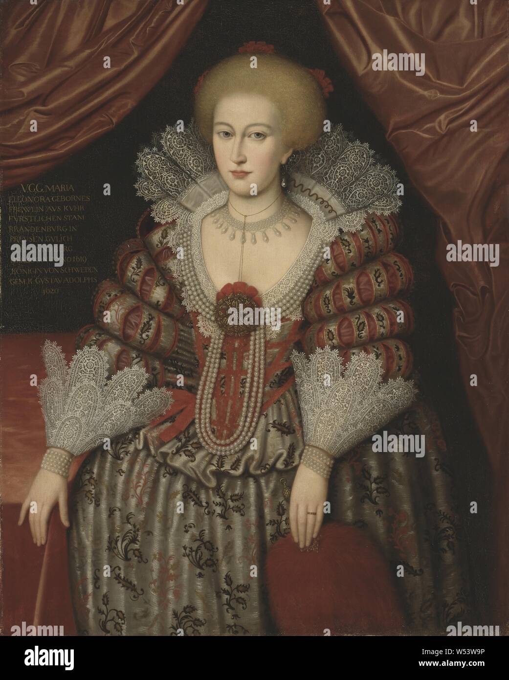 Après Michiel van Mierevelt, la reine Maria Eleonora, Maria Eleonora (1599-1655), princesse de Brandebourg, Reine de Suède, Maria Eleonora, 1599-1655, mariée au roi Gustave II Adolphe, 1619, huile sur toile, hauteur, 121 cm (47,6 po), largeur, 95 cm (37,4 pouces), Inscription, VCC, Maria Eleonora Frewlin Kuhrfurstlichen est né de la tribu en Prevsen Brandebourg Gulich Cleve et Mountain Herzogin Anno 1619 Königin von Suède Gem, K Gustav Adolphs 1620, gauche Banque D'Images