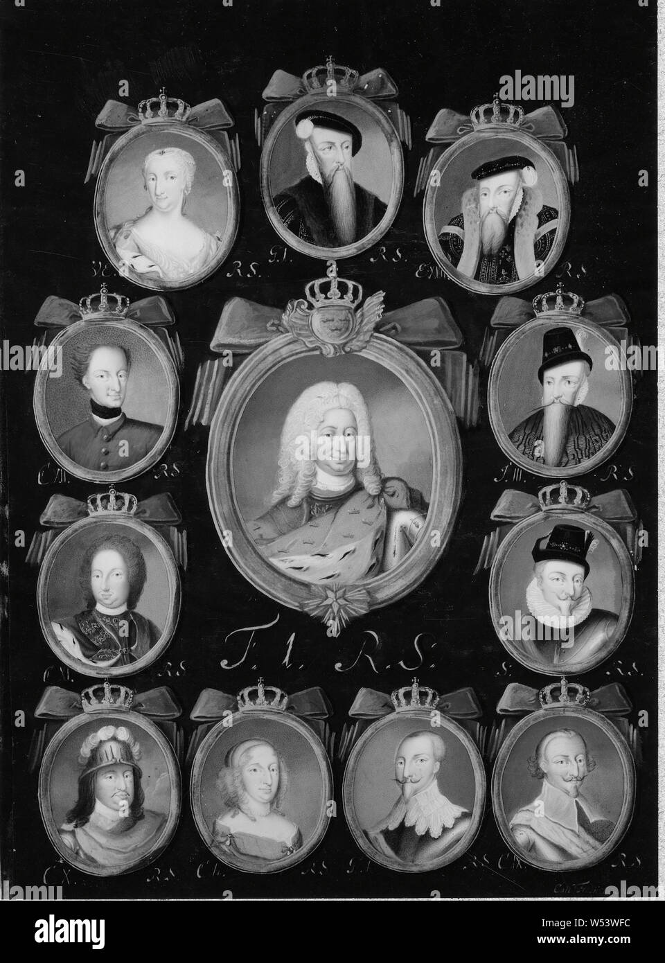 Carl Fredrik Mörck, Roi Fredrik I, la Reine Ulrika Eleonora dy, Le Roi Karl XI, le roi Charles XII, le Roi Karl X Gustav, le Roi Gustav Je, le Roi Charles IX, roi Johan III, le roi Sigismond, Roi Erik XIV, le Roi Gustav II Adolf et, par la reine, Gustav Je - Fredrik I, Regentserie avec 12 portraits, peinture, portrait, Frédéric I de la Suède, Gouache sur papier et parchemin, hauteur, 31 cm (12,2 po), largeur, 22 cm (8,6 pouces, Inscription, UE, RS, , G. I, RS F.XIV, C. XII, RS J.III RS, C. XI, RS.I, S. RS, C.X, ch, G.A RS, C.IX, RS, signé Carl Fredrick Mörck Banque D'Images