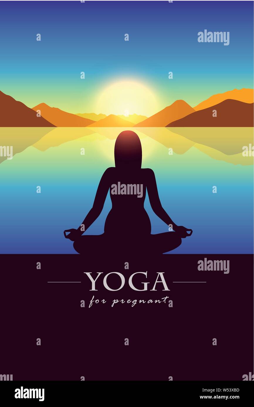Femme enceinte yoga fait par la silhouette avec le lac au coucher du soleil paysage de montagne automne illustration vecteur EPS10 Illustration de Vecteur