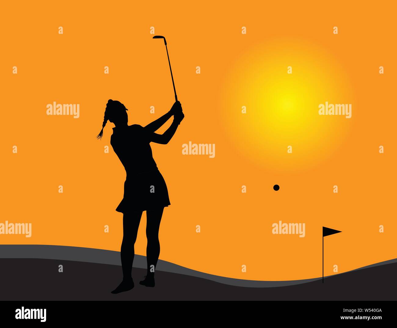 Joueur de golf femme au coucher du soleil Illustration de Vecteur