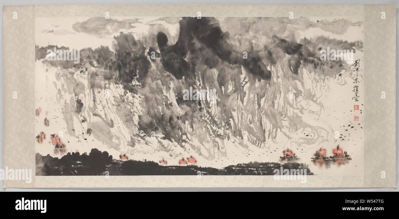 La peinture au doigt d'un paysage avec des navires, la peinture au doigt avec une représentation d'un paysage avec des navires. Dans un coffret en bois., Liu Zhongdong, Chine, 1939 - 1992, papier, encre, h 64,5 cm × w 132 cm w 752 mm d 81 mm h 11,5 cm × 79,5 cm × w d 12 cm Banque D'Images