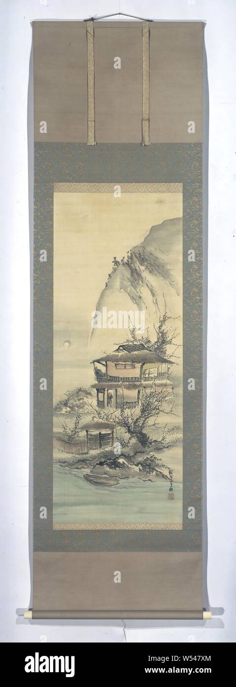 Les gens de lettres dans un paysage, un homme sur le deuxième étage d'une maison ressemble à la lune à partir de la fenêtre, Kishi Ganku, Kyoto, ch. 1800 - c. 1830, schildering, montering, H 7,5 cm × 64,5 cm × w d 15 cm Banque D'Images