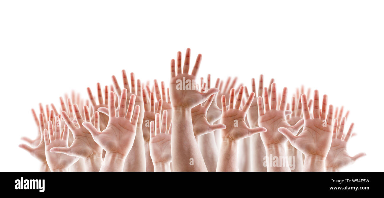 Groupe de mains levées avec open palms isolé sur fond blanc Banque D'Images