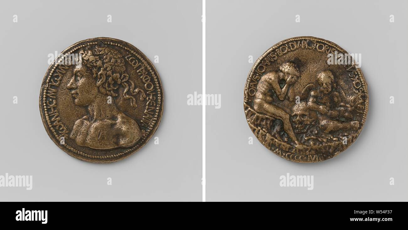 Giovanni Boldu, médaille de bronze avec un trou. Avers : buste homme avec une couronne dans ses vers la gauche à l'intérieur de langue grecque. Marche arrière : deux petits anges assis avec tête en cercle, Venise, 1458, bronze (métal), fondation, d 8,1 cm × w 1860 Banque D'Images