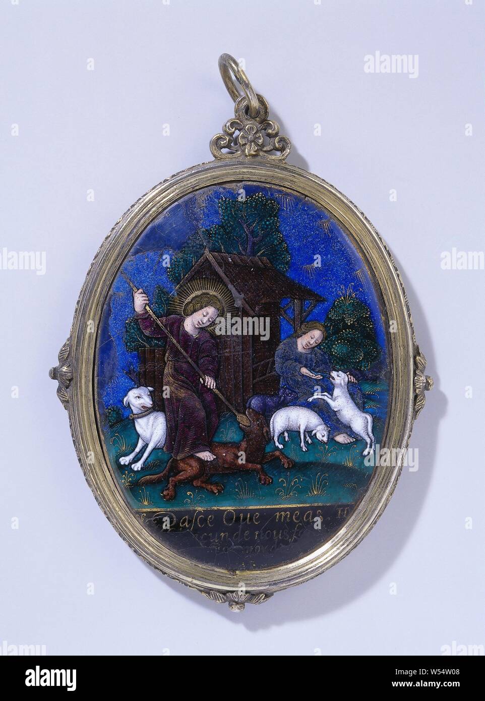 Miroir à main avec le Christ comme le Bon Berger, miroir à main, ovale  décoré d'émail représentant le Christ comme le Bon Berger, rétroviseur  ovale avec un retour d'émail de Limoges, peint