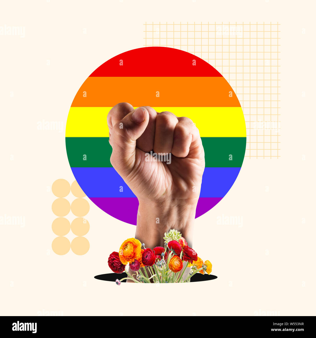 Droits LGBT et l'égalité concept. Main et fleur sur fond de pavillon-LGBT. L'espace négatif. Design moderne. L'art contemporain conceptuel et créatif collage très coloré. Banque D'Images