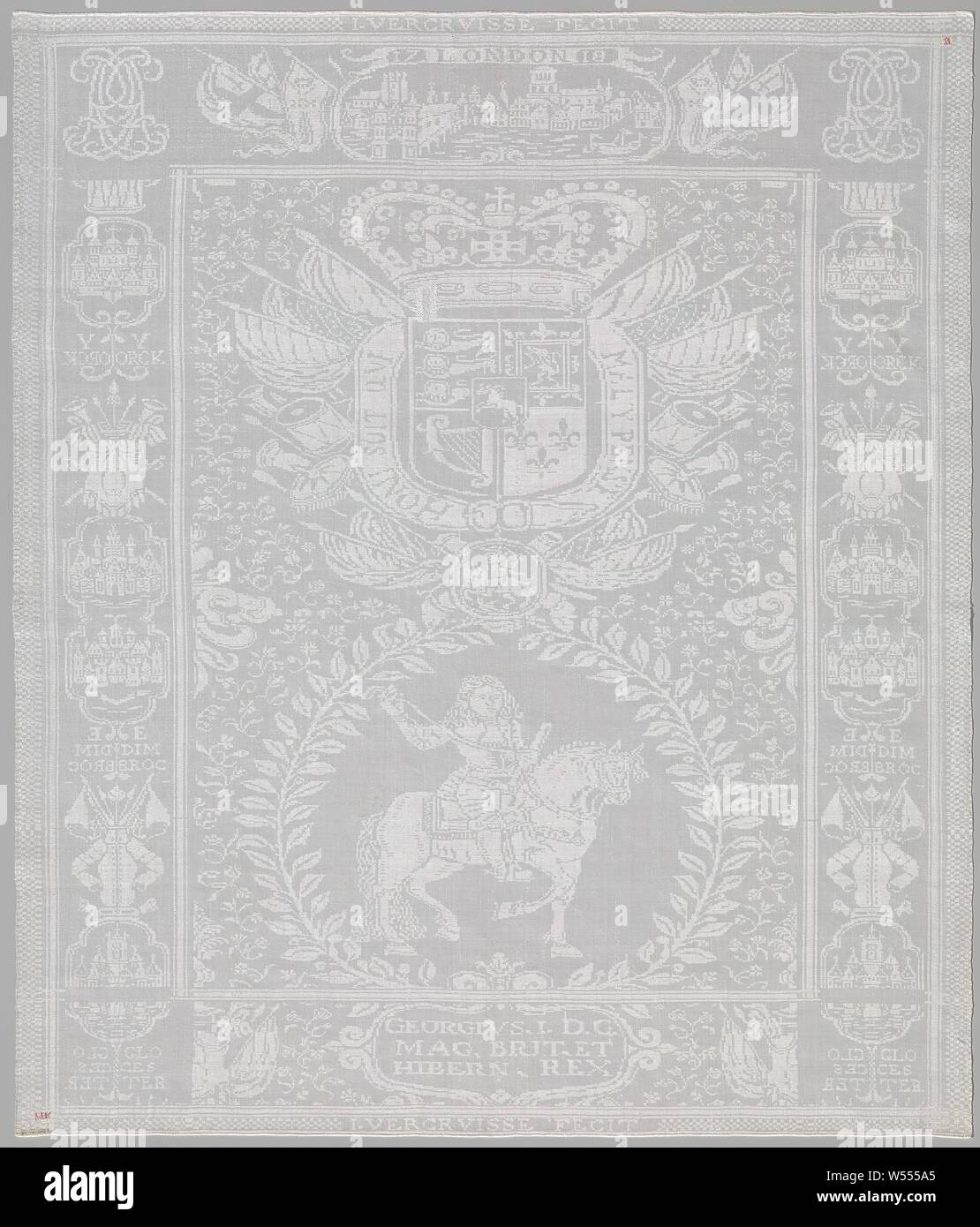 Serviette : George I d'Angleterre. M. marque 12, serviette damassée lin blanc avec la glorification de George I d'Angleterre. Signé et daté de 1718 (J. Verkruisse). MR et 12. marque, J. Verkruisse, Courtrai, 1718, , (matériau), Damas, h 107,4 cm l 91,9 cm l 91,7 Banque D'Images