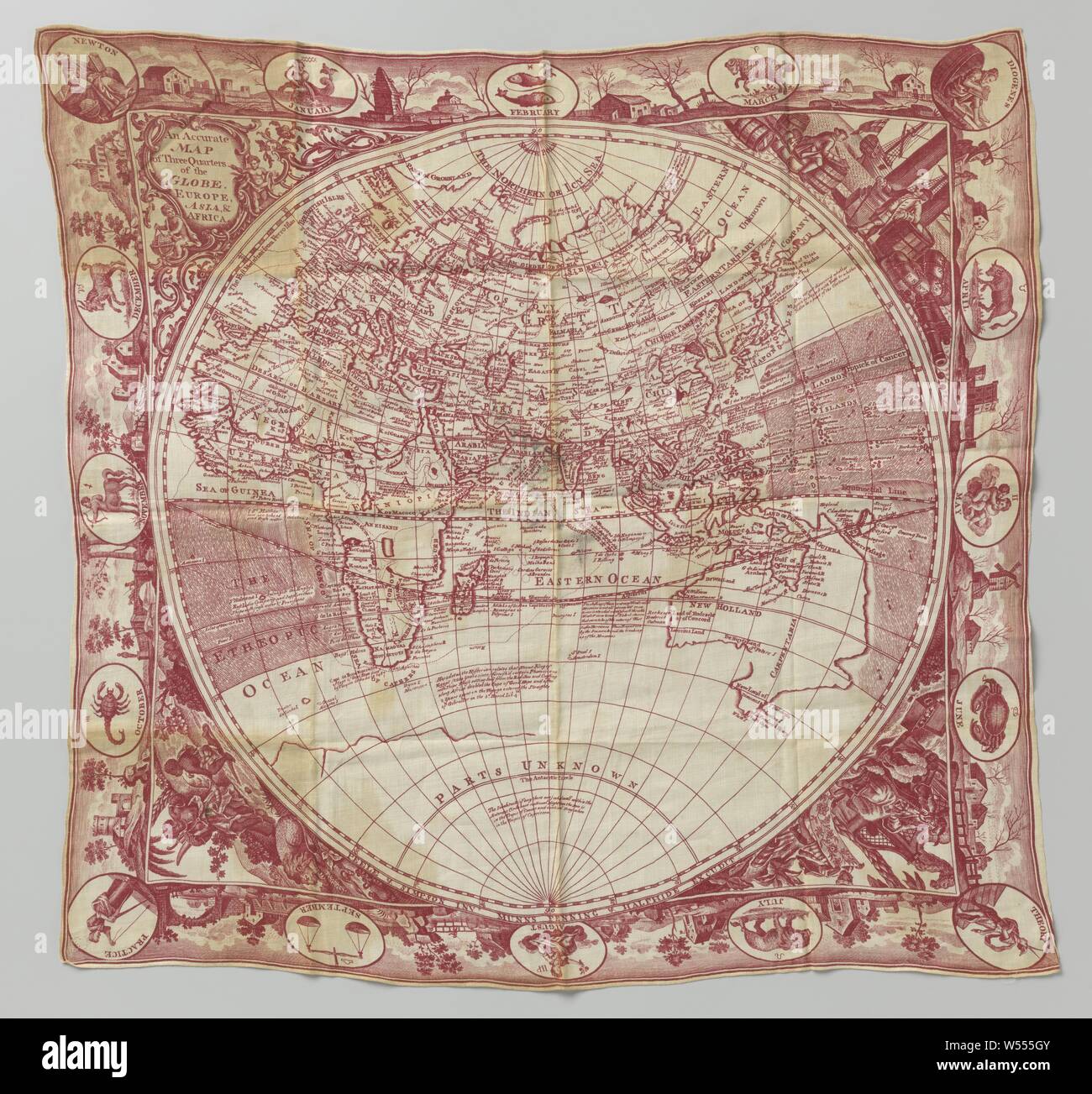 Du linge de maison en tissu imprimé avec la carte du monde et les signes du zodiaque, un chiffon de toile imprimée avec la carte du monde et les signes du zodiaque., Angleterre, 1790 - 1800, , (matériau), h 72,0 cm × w 68,0 cm Banque D'Images