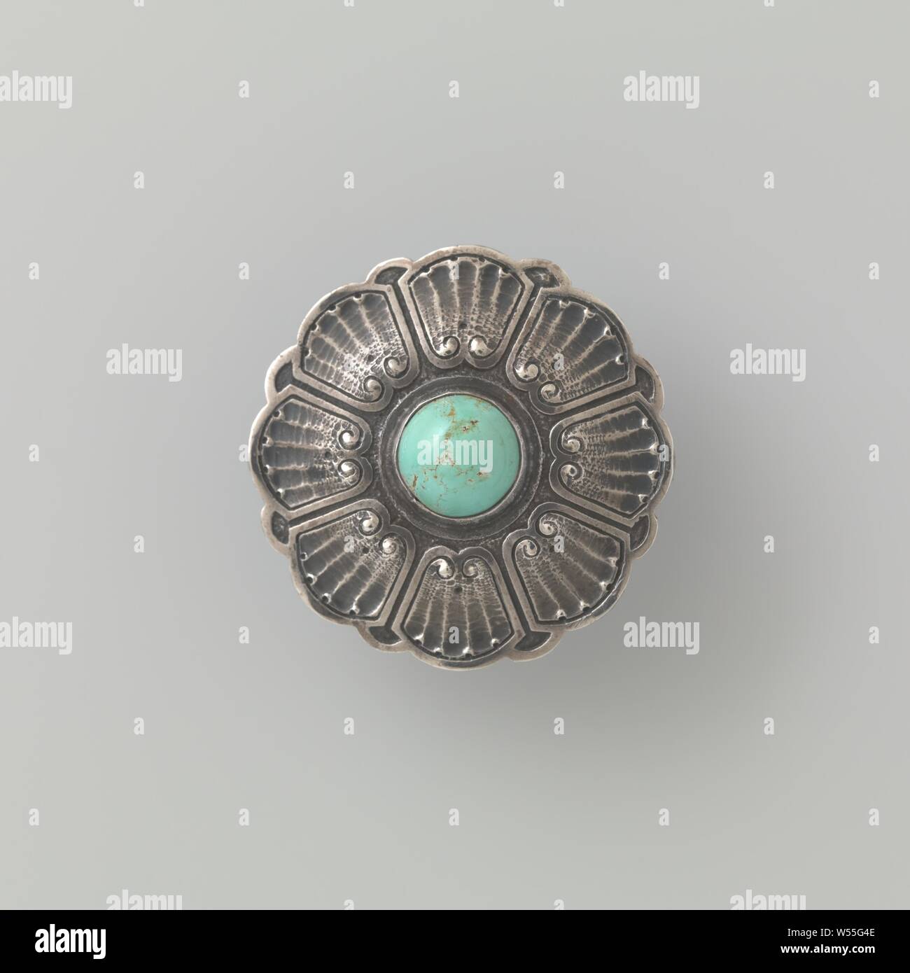 Broche d'argent avec turquoise, broche ronde d'argent en forme de fleur avec  cabochon turquoise