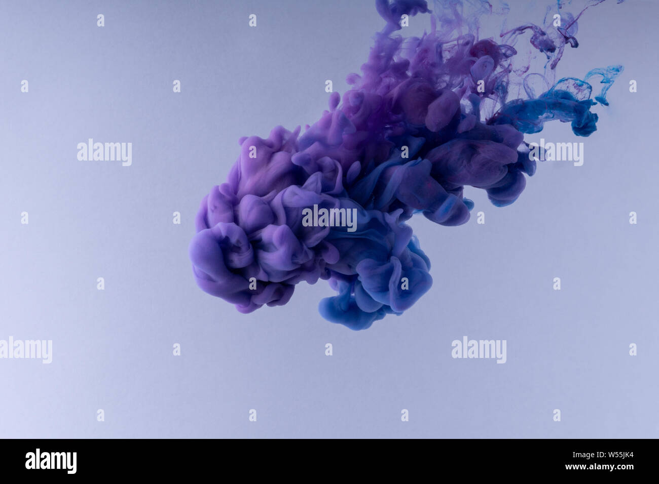 Encre de couleur dans l'eau tourbillonnante. Des nuages d'encre soyeux sur fond blanc. sous l'eau. Banque D'Images