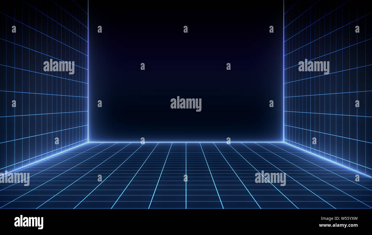 Science-fiction rétro futuriste fond paysage des années 80. Cyber numérique Surface. Convient pour le design dans le style des années 1980 Banque D'Images