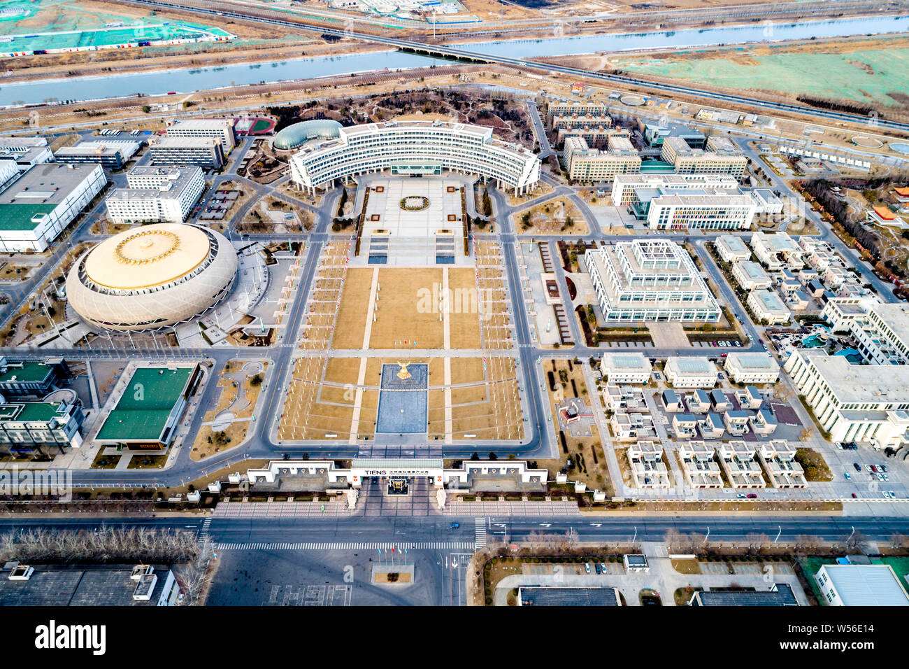 Vue aérienne du siège de Chinese multi-level marketing company groupe tiens à Tianjin, Chine, le 9 février 2019. Tiens Group Co., Ltd., un co Banque D'Images