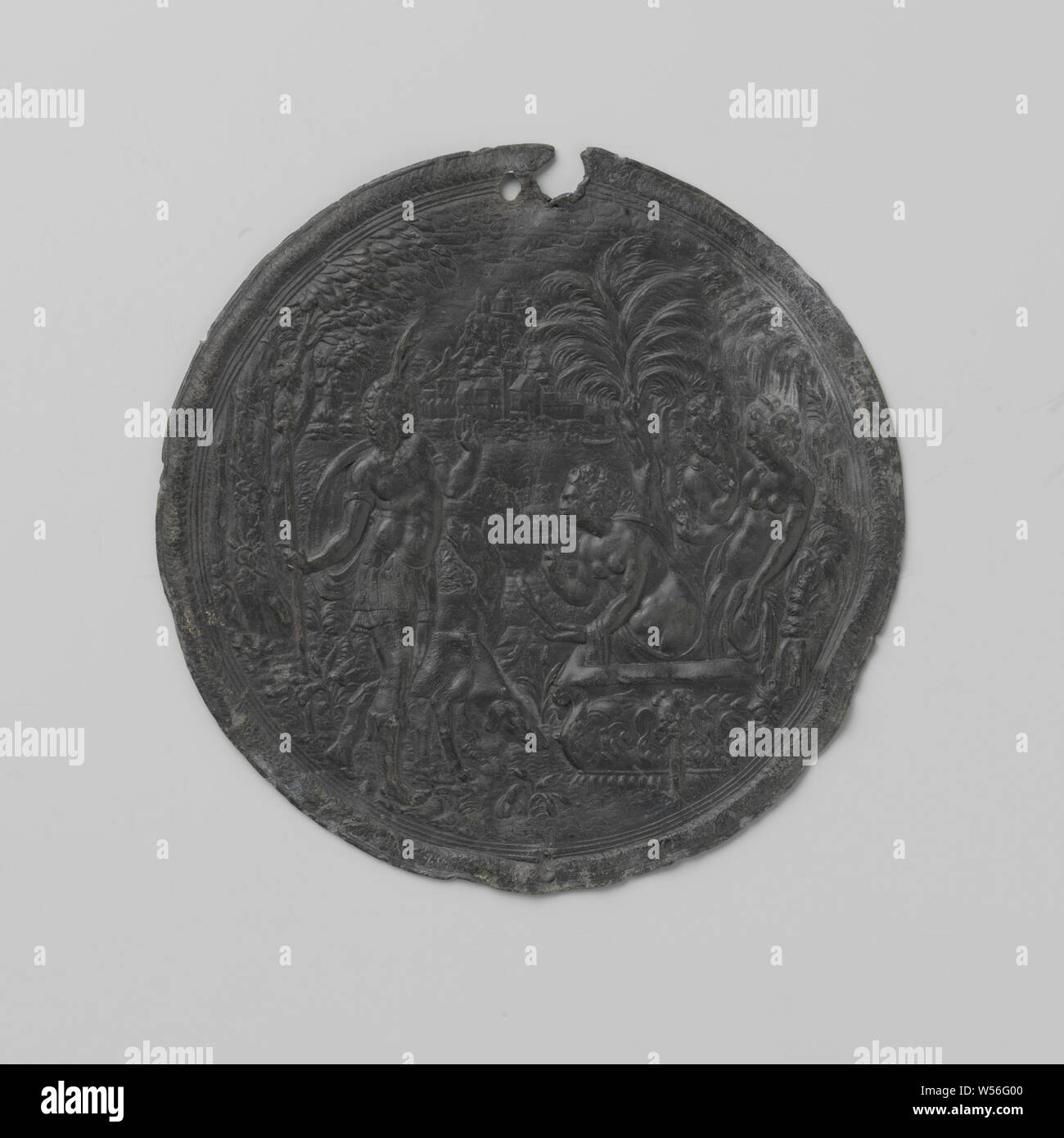 Diane et Actéon, ronde, plaque de plomb, entouré par une tresse bande. Sur le droit Diana avec deux compagnons dans un bassin carré avec un masque respiratoire à l'eau. Actéon est proche de la gauche, une lance à la main droite et deux chiens à ses pieds. La déesse lui sprays d'eau de source, le transformant en Virginie. Paysage avec palmiers et sur l'horizon des arbres et des bâtiments contre une montagne., anonyme, Allemagne (peut-être), ch. 1550 - c. 1600, fondation, D. 15,7 cm Banque D'Images