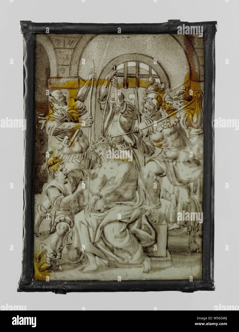 La couronne d'épines, la couronne d'Épines du Christ. Le Christ est fasciné au premier plan, derrière lui et à côté de lui les soldats sont appuyant fermement la couronne sur sa tête. (Jean 19, 1-42), anonyme, 1600 - 1700, verre, h 18,7 cm × 13,3 cm w Banque D'Images