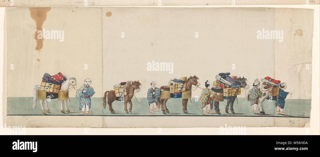 Le dessin, l'un des dix dessins crayon, Asiatique, parfois accompagnés par des chevaux, se déplaçant vers la droite et sur deux feuilles à gauche, et s'acquitter en partie de paquets avec l'emblème de la Zélande COV. Signé, l.o . : H. Rolland pinxit. Inscription, 10 : 8. 5 : 521/4, H. Rolland, Japon, ch. 1775, papier, encre, pinceau, h 27,2 cm × 76,3 cm w Banque D'Images