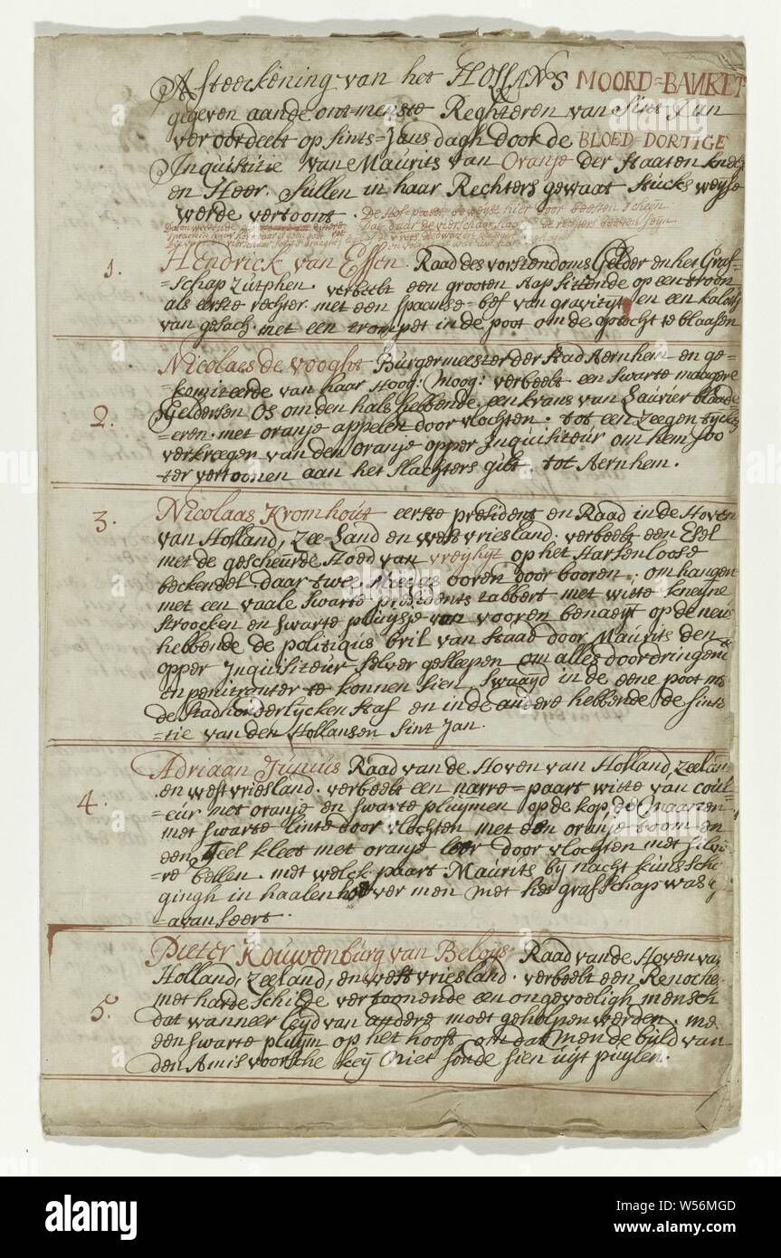 Explication écrite des 24 juges, les autorités fiscales et le procureur Rejet de l'Assassinat de Hollans Banquet les démons [cadavres] Regeren van Sint-Jan ... (Titre sur l'objet) Oldenbarnevelt Regtspleging (titre de la série), les autorités fiscales et le prévôt. Quatre feuilles pliées décrit sur sept pages. Ici une liste avec les noms des 24 plus un texte suivi par les deux 'Fischaals' et 'Provoost violents'. En plus d'un magazine avec un texte à propos de van Oldenbarnevelt sur deux côtés. Associés à la série d'aquarelles en livre, Johan van Oldenbarnevelt, anonyme, Pays-Bas Banque D'Images