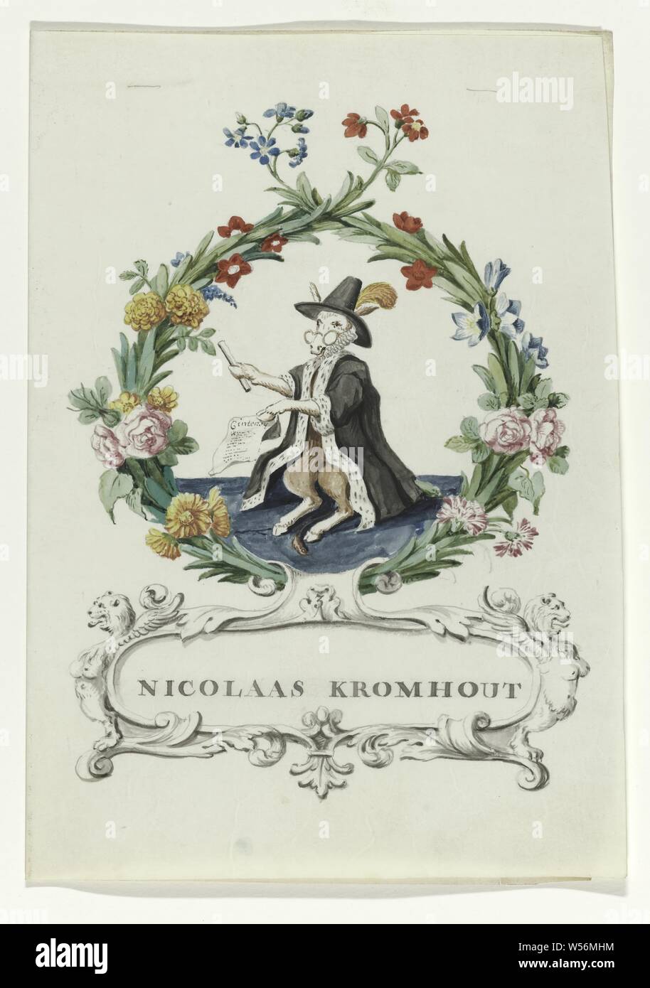 Caricature de Nicolaas Kromhout par Regtspleging Oldenbarnevelt (titre de la série), Cartoon par Nicolaas Kromhout, juge par van Oldenbarnevelt. Âne avec cape, chapeau et lunettes en guirlande de fleurs et de feuilles. Ci-dessous c'est un cartouche avec deux lionnes sur chaque côté. Au nom et au-dessus de 500-800 no. 3. Associés à la série d'aquarelles en livre, Johan van Oldenbarnevelt, Nicolaas Kromhout, anonyme, Pays-Bas, 1708 - 1795, parchemin (animale), aquarelle (peinture), encre, stylo, h 23,5 cm × w 19 cm Banque D'Images