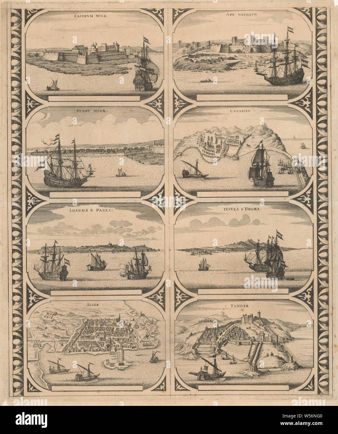 Castrvm Minae / Stadt Minae / Loanda S. Pauli / Alger / Nassovii / Canarien Arx / Insvla S. Thomae / Tanger (titre sur l'objet), feuilles à l'aide de deux bandes verticales, chacune avec quatre vues des villes en Afrique :, fort d'Elmina Elmina, Luanda, Alger, Fort Nassau sur la Côte d'or, Canaries, Sao Tomé-et de Tanger. Feuilles non coupées avec huit chiffres périphérique destiné à être collé en bandes comme un cadre autour de la carte d'un continent, des cartes de villes, perspective de la cité, la ville, silhouette de panorama city, Elmina, Fort Nassau, Sao Tomé, Tanger, anonyme, Amsterdam, 1670 - 1672, le papier, gravure, h 520 mm × W 435 Banque D'Images