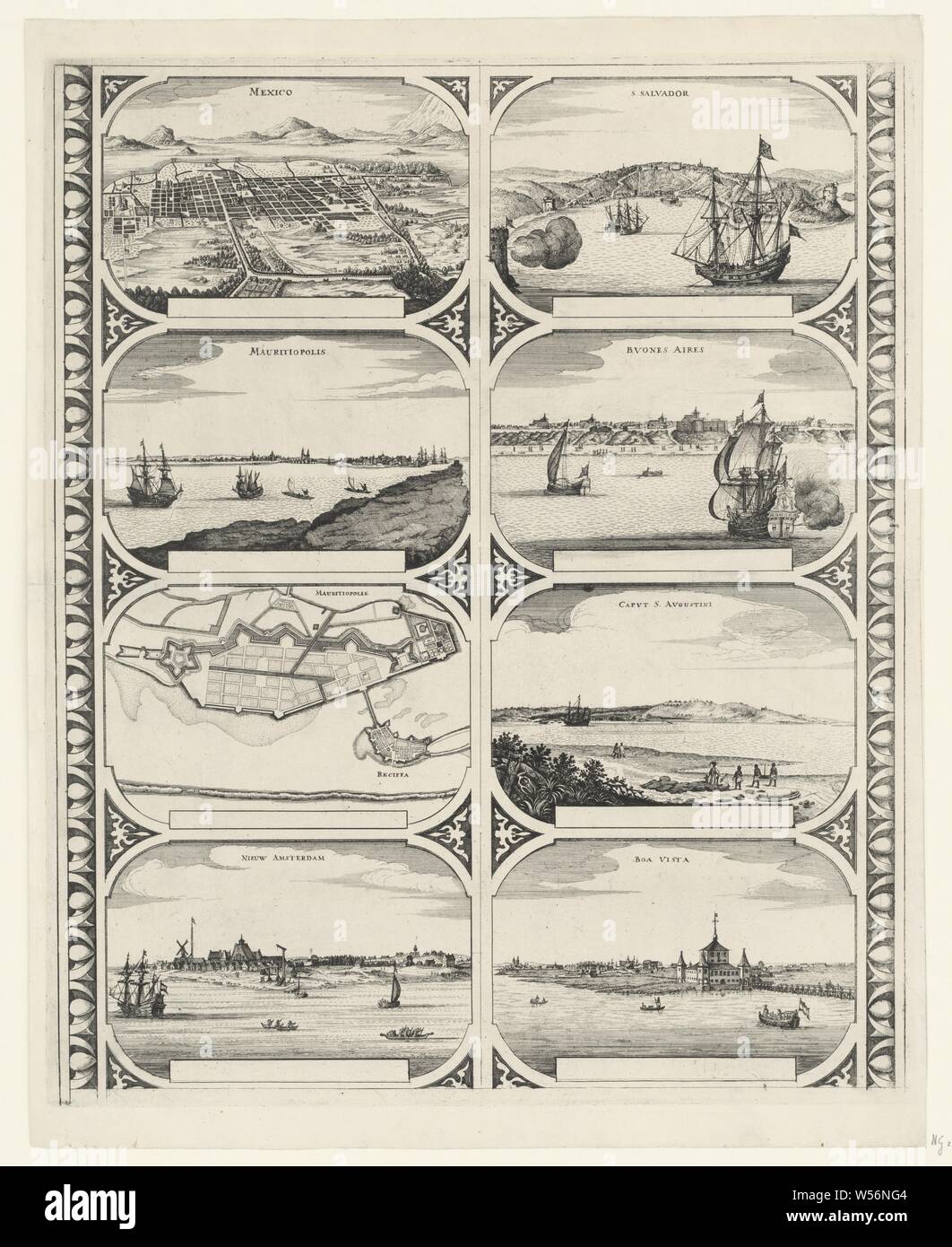 Mexique / Mauritiopolis / Mauritiopolis / New Amsterdam / S. Salvador / Aires / Bvones Capvt S. Avgustini / Boa Vista (titre sur l'objet), feuilles à l'aide de deux bandes verticales, chacune avec quatre plans d'étage ou des visages sur les villes d'Amérique du Nord et du Sud : la ville de Mexico, Mauritsstad (Profil et plan), New Amsterdam, Salvador, Buenos Aires, Cabo de Santo Agostinho et le palais de Boavista à Recife. Feuille non coupée avec huit chiffres périphérique destiné à être collé en bandes comme un cadre autour de la carte d'un continent, des cartes de villes, perspective de la cité, la ville panorama, silhouette de ville, Mexico, Mauritsstad Banque D'Images