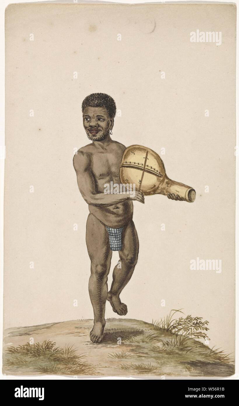 Homme africain de faire de la musique avec l'instrument gourd, homme noir vêtu d'un bleu / blanc quadrillé de petites lèvres. Il joue d'un instrument de musique fabriqué à partir d'une calebasse, d'Africains, Afrique du Sud, anonyme, Pays-Bas (peut-être), ch. 1675 - c. 1725, le papier, l'aquarelle (peinture), h 320 mm × W 200 mm Banque D'Images