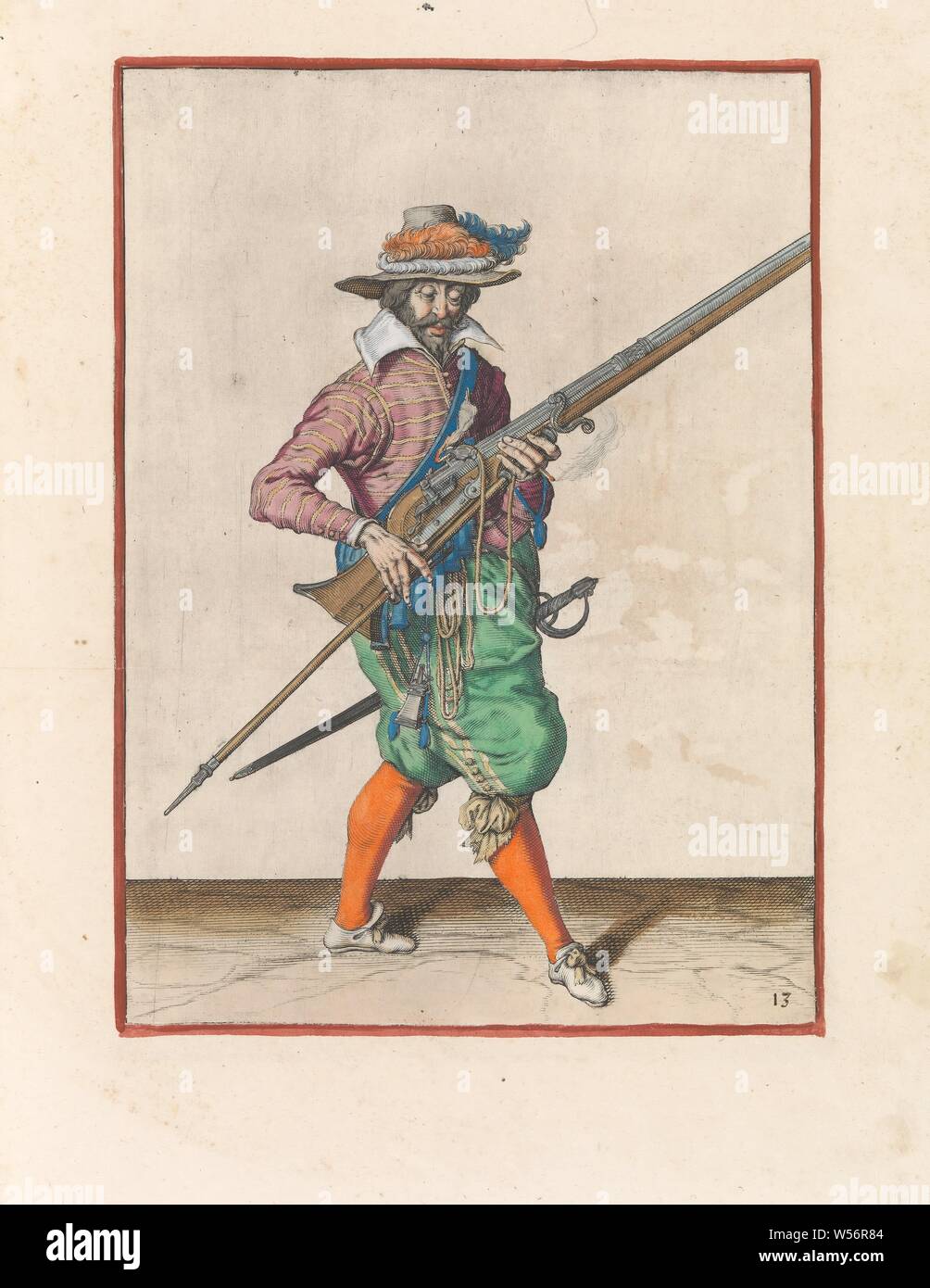 Soldat tenant son fusil de sa main gauche, inclinaison vers le haut tout en tirant son furket loin de sous le canon à Corte en bas à droite sur l'image figuerliicke, un soldat, à droite, tenant un fusil (un certain type d'arme à feu) avec sa main gauche, après avoir tiré, le corps incliné vers le haut pour l'empêcher de blesser accidentellement un compagnon. Dans sa main gauche, en plus de la gouverne de direction, un fusible. Avec sa main droite il tire le furket (le fusil) à partir de la fourche sous le canon. Cette gravure fait partie de la série de 43 exemplaires numérotés à la main de mousquetaires dans le Wapenhandelhe, manutention Banque D'Images