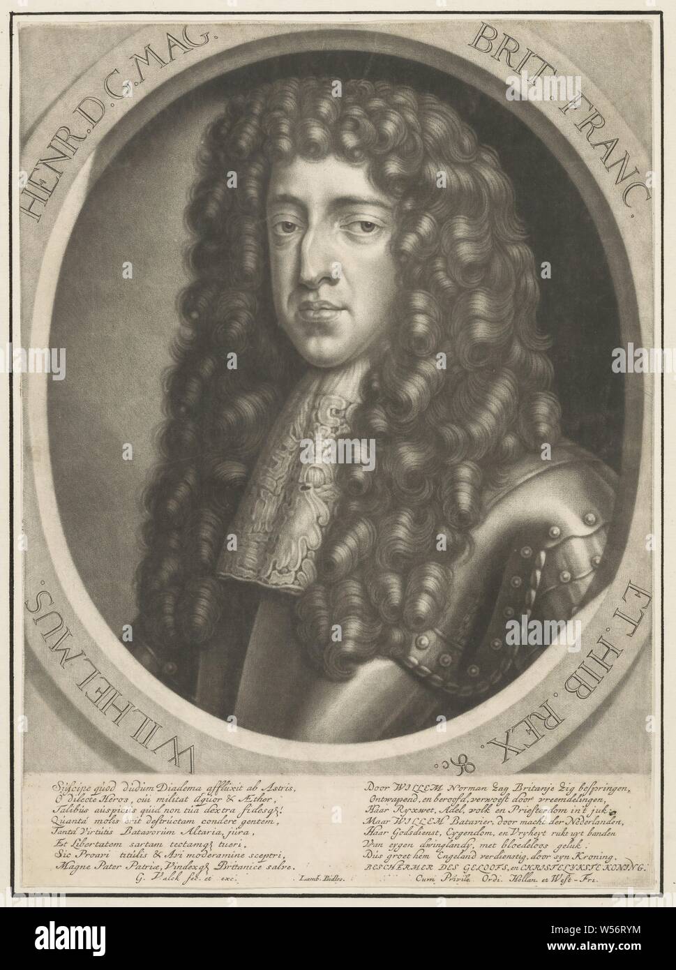 Portrait de William III, Prince d'Orange, Portrait de William III dans un ovale brisé avec bordure lettrage. Dans le fond 8 lignes et 8 lignes de texte latin texte néerlandais, William III (Prince d'Orange et le roi d'Angleterre, Ecosse et Irlande), Gerard Valck (mentionné sur l'objet), Amsterdam, 1688 - 1726, le papier, h 352 mm × W 255 mm Banque D'Images