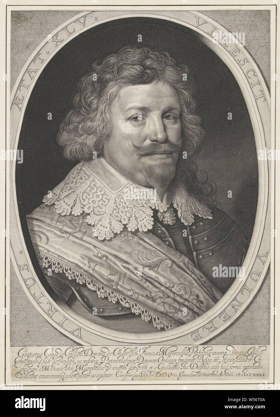 Portrait de Gaspard de Coligny, Portrait de Gaspard dans un ovale avec bordure lettrage. Dans le fond de quatre lignes, texte latin, Gaspard de Coligny (II), Willem Jacobsz. Delff (mentionné sur l'objet), Delft, 1631, papier, gravure, h 414 mm × W 292 mm Banque D'Images