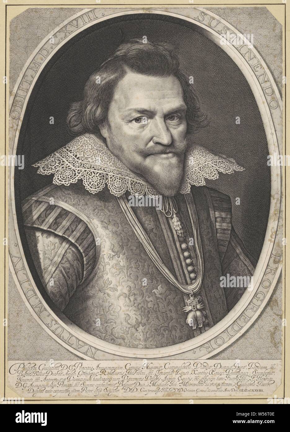 Portrait de Philip Willem, Prince d'Orange, Portrait de Philip Willem dans un ovale avec bordure lettrage. Dans le fond de 5 lignes texte latin, chevalier ordre de la Toison d'or - insigne d'un ordre de chevalerie, p. ex. . : badge, la chaîne (avec nom de l'ordre), Philip Willem (Prince d'Orange), Willem Jacobsz. Delff (mentionné sur l'objet), Delft, 1628, papier, gravure, h 415 mm × W 292 mm Banque D'Images