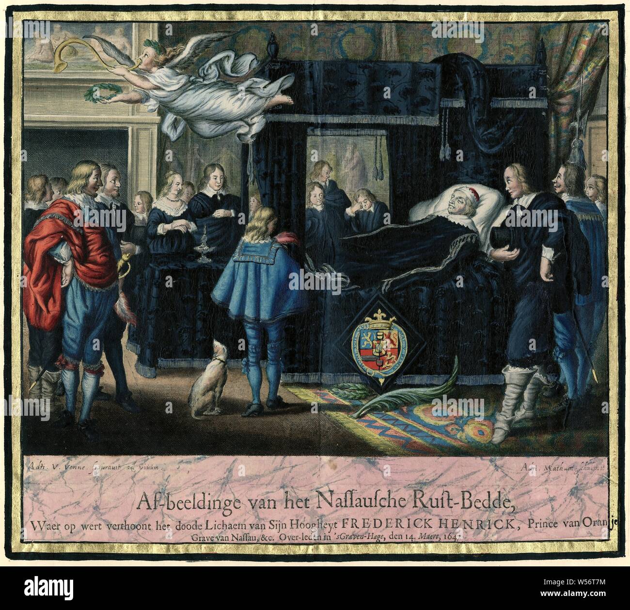 Nassausche Rust-Bedde la représentation d'une op, Waer wert dépeint les morts de Hoogheyt Lichaem Sijn Frederick Henrick, Prince d'Oranjen, Tombe de Nassau, d'anciens membres à 's-Graven hage, den 14. Maert, 1647 Begraeffenisse hoogheyt Henrick van syne Frederick. Couleur de l'édition luxe imprime de la procession funéraire de Frederik Hendrik en 1647 (titre de la série), le défunt Prince Frederik Hendrik sur son lit de mort. Les membres de la famille et amis entourent le lit. A l'étage la Faam s'envole pour annoncer la nouvelle de la mort du prince. Impression couleur dans cadre doré et collé dans Banque D'Images