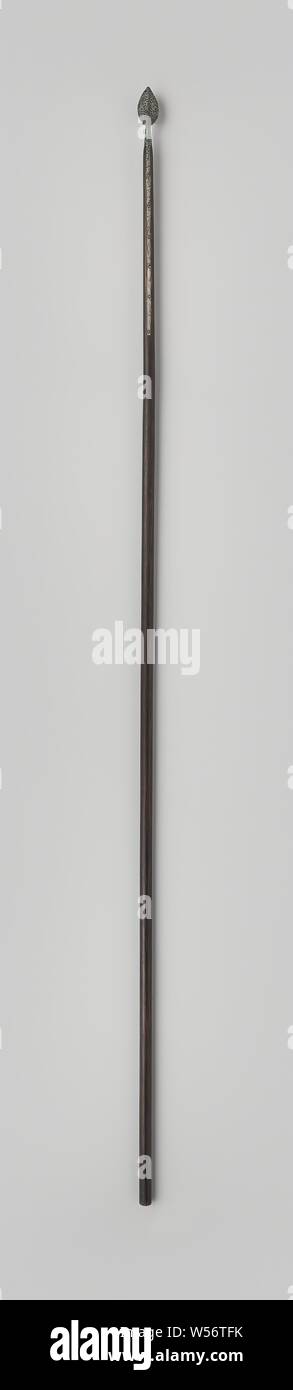 Pic, Pic avec le fer de la lame en forme de cœur qui est rivetée sur le stick avec six rivets de chaque côté, les pales de la lame ont diverses rainures dans le fer à repasser. Le bâton en bois est peint en noir mais a clairement sur tout le long des veines, Europe, anonyme, c. 1699 - c. 1899, Schacht, Kling, huis, veren, l 283 cm l 268,5 cm l 10 cm Banque D'Images