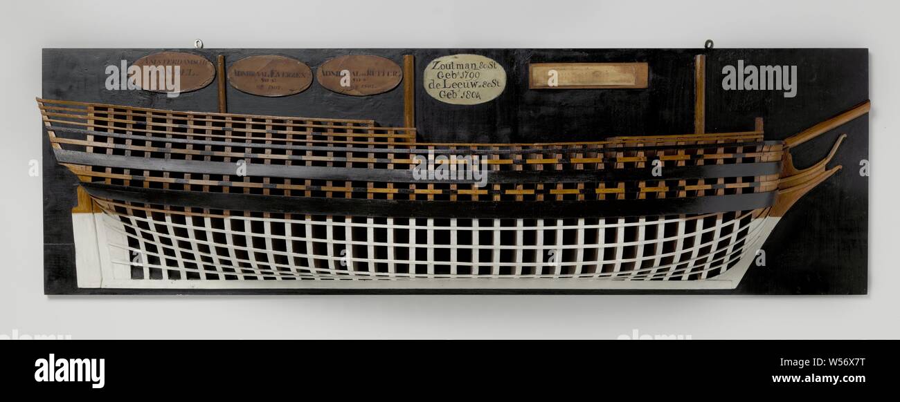 La moitié ou d'un modèle de 80 canons, vaisseau de ligne de modèle modèle polychromé (tribord) d'un trois-mât. Le grand nombre de gabarits de treillis est frappant. Pas de sabords, godet et la moitié du pont plate-forme peut être distingué par des cris. Fossé deux genoux à l'avant. Twisted Mirror, wulf creux, pas de clôture ou sur le côté droit, galerie carré avec gouvernail rudder king. Le simple fonctionne sur les deux extrémités, deux mountain Woods et d'un bois de cerf. Navire sous-marin assez plat. L'échelle 1:55 (à l'échelle du modèle)., l'Admiraal Zoutman (navire), Leeuw (navire), Admiraal Evertsen (navire), Admiraal de Ruyter (navire), anonyme, Amsterdam (éventuellement), ch. 1798 Banque D'Images