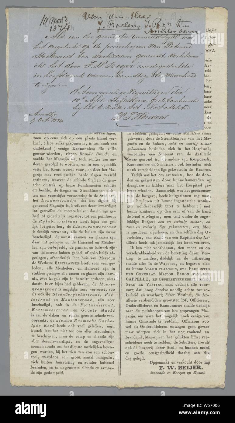 Fonctionnaire et transcrites correctement, les rapports à la terrible catastrophe qui a frappé la ville et l'emplacement Bergen op Zoom ....., unilatéral, feuille de papier imprimée sur 2 colonnes, avec l.b. collé du papier bleu, décrit avec un stylo, où l'exactitude de la communication est confirmé., F.W. Beijer, Bergen op Zoom, 1831, papier, encre, impression, l 34,3 cm × w 20 cm Banque D'Images