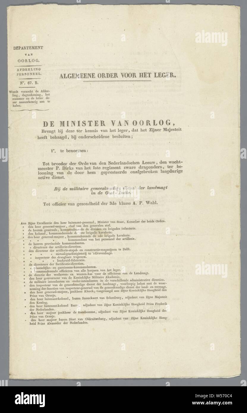 L'ordonnance générale de l'armée, trois numérotés et imprimés pp (plié) .daté, p.3 : le 9 octobre. Marqués, filigrane : lion en clôture. Inscription, p.1 . : Le ministre de la guerre., Frederik Carel Liste, La Haye, 9-Oct-1843, papier, impression, l 34,3 cm × w 21,1 cm Banque D'Images