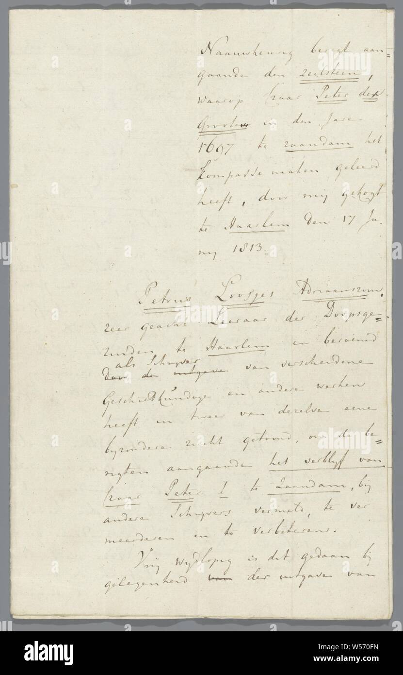 Déclaration de J. Scheltema sur l'origine de l'sailstone du Tsar Pierre le Grand, déclaration manuscrite sur 3 feuilles de papier pliées ensemble pour créer 12 pages, dont 10 sont décrites. À la page 10, un stamp timbre avec la signature. Inscription : précision sur le sailstone /, / sur lequel Czaar Peter den grooten / / dans les années 1697 à Zaandam tirés / faites de boussoles, (...) marqués, filigrane : attributs de guerre et inscription : PRO PATRIA / J. HESSELS. En date du : vyf et vingtième / van Junij. À partir de l'année dix-huit centaines et treize. Signé., Zaandam, Pierre I le Grand (tsar de Russie Banque D'Images