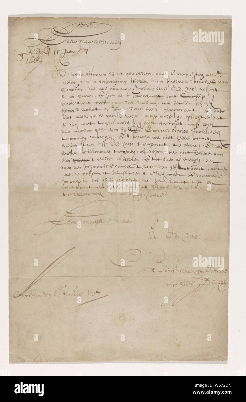 Lettre de M.A. De Ruyter 8 janvier 1667, lettre manuscrite de Michiel de Ruyter en date du 8 janvier 1667 adressée à ces messieurs de l'Amirauté de Rotterdam, concernant l'arrestation d'un quartier-maître. Décrit d'un côté, Rotterdam, Michiel de Ruyter, Adriaansz. sur le labyrinthe de l'Amirauté, Amsterdam (peut-être), 8-Jan-1667, papier, encre, stylo, H 32 cm × w 20,5 cm Banque D'Images