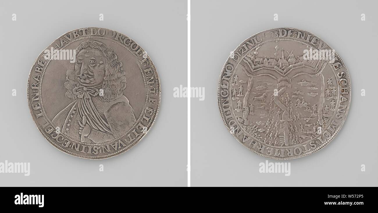 Nieuweschans assaut par Rabenhaupt, médaille d'argent. A l'avant : le buste de l'homme à l'intérieur de l'intérieur. Ville : marche arrière pendant la prise de vue à l'intérieur d'une circonférence, Nieuweschans, Karl Rabenhaupt (baron von Sucha), anonyme, Pays-Bas, 1673, de l'argent (métal), frappant (métallurgie), d 5,1 cm × W 32,52 Banque D'Images