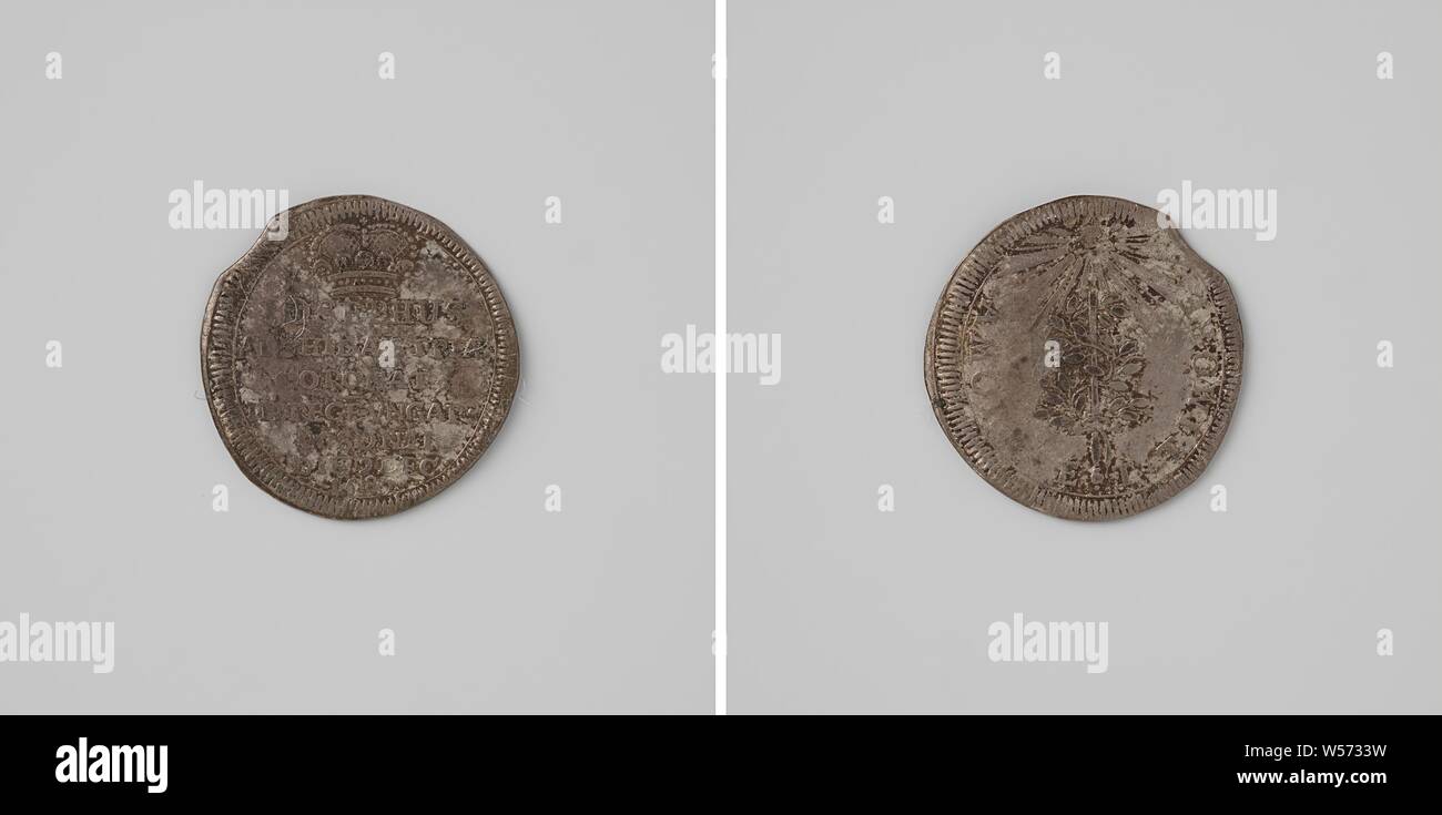 Couronnement de Joseph I comme roi de Hongrie à Presbourg, médaille d'argent. A l'avant : l'inscription en vertu de l'état. Inverse : épée avec branches d'oliviers tressé éclairées par la lumière céleste dans un cercle, Bratislava, Tchécoslovaquie, Joseph I (empereur allemand), anonyme, 1687, de l'argent (métal), frappant (métallurgie), d 1,8 cm × W 1,47 Banque D'Images