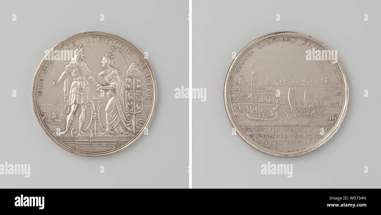 Débarquement de Guillaume III à Torbay, médaille d'argent. Avers : William III en vêtements romain foule aux pieds un serpent et serre la main de dessus de la Britannia autel, sur la droite des armoiries de l'Angleterre, l'Ecosse et l'Irlande sur un oranger, rose tressé, sur la gauche et James un jésuite qui fuient le prince jouant avec un moulin à vent, en arrière-plan soleil levant à l'intérieur de l'inscription. Inverse : l'atterrissage à Torbay dans un cercle, coupé : inscription., Torbay, dans le Devon, en Angleterre, William III (Prince d'Orange et le roi d'Angleterre, Ecosse et Irlande), Reynier Arondeaux, Amsterdam, 1688, de l'argent (métal Banque D'Images