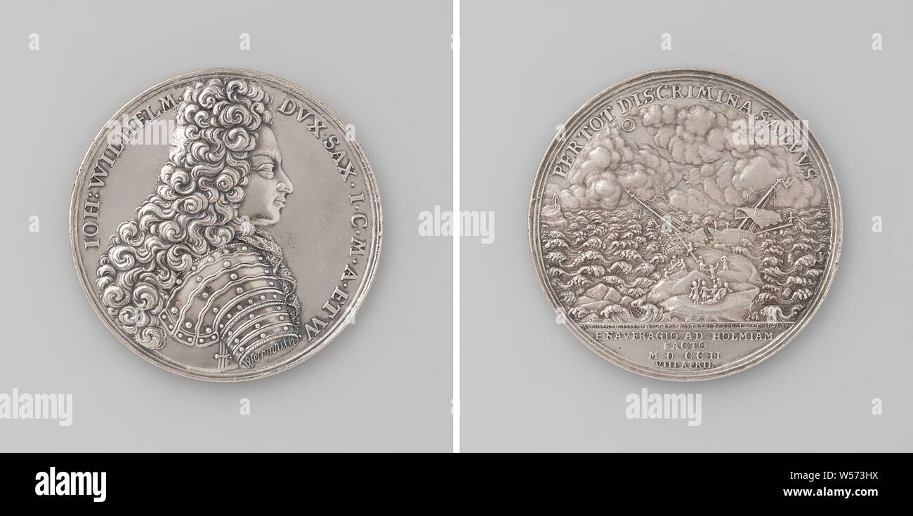 Johann Willem de Saxony-Gotha, en raison de la survie de son naufrage, médaille d'argent. A l'avant : le buste de l'homme à l'intérieur de l'intérieur. Inverse : navire qui tombe en panne par gros temps, l'inscription au dessus de l'inscription, Johann Wilhelm von Sachsen-Gotha-Altenburg, Christian Wermuth, Gotha, 1702, de l'argent (métal), frappant (métallurgie), d 5,2 cm × W 58,68 Banque D'Images