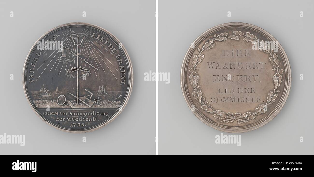 Commission pour l'encouragement de la Service Maritime, médaille décernée à Dirk Waandert Engert, médaille d'argent. A l'avant : trident décorée de drapeau batave et couronne de laurier éclairée par les rayons du soleil, au pied d'un gouvernail sont trident avec des armoiries, de l'ancrage, compas, rapporteur et carte marine, dans l'arrière-plan les navires en mer dans un cercle, coupé : inscription. Inverse : inscription au sein de couronne de chêne, Pays-Bas, Dirk Waandert Engert, République batave, anonyme, 1796, de l'argent (métal), gravure, d 4,2 cm × W 29,99 Banque D'Images