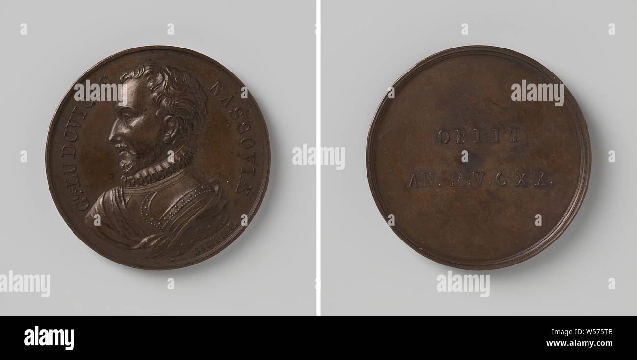 La mort du Comte Willem Lodewijk van Nassau, médaille de bronze. A l'avant : le buste de l'homme. Inverse : inscription., Willem Lodewijk comte de Nassau-Dillenburg, Jean Henri Simon, Bruxelles, 1816 - 1834, bronze (métal), frappant (métallurgie), d 4,6 cm × W 43,61 Banque D'Images