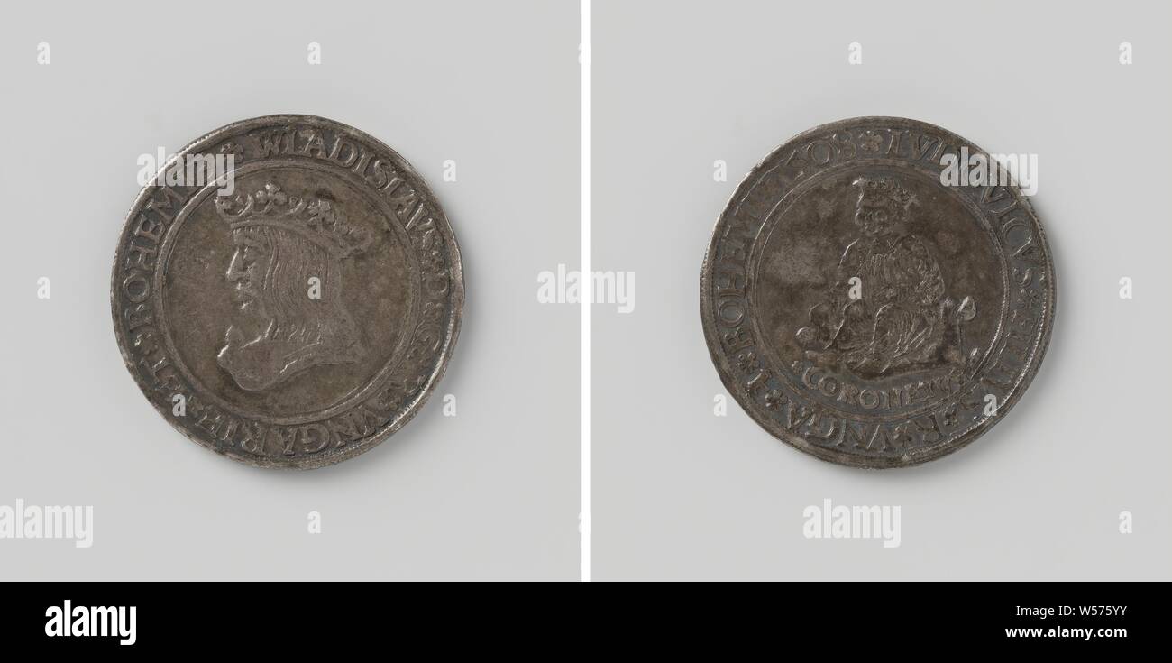Louis II, fils de Wladislaus II, couronné roi de Hongrie et de Bohème, médaille d'argent. A l'avant : man's pièce de poitrine avec l'intérieur d'inscription. Inverse : garçon assis avec couronne au-dessus de l'inscription, à l'intérieur inscription, Vladislav Jagellon III (roi de Bohême et de Hongrie), Louis II (roi de Bohême et de Hongrie), anonyme, 1508, de l'argent (métal), frappant (métallurgie), d 3 cm × W 130 Banque D'Images