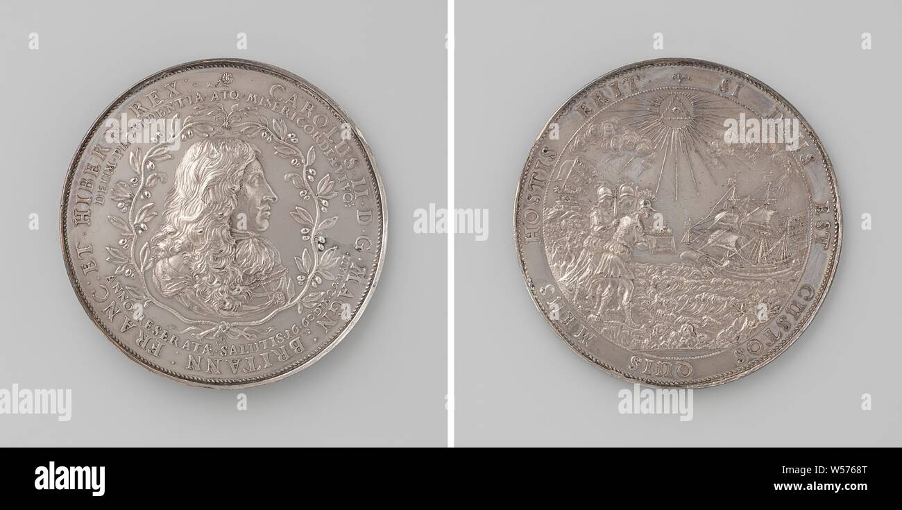 Retour de Charles II d'Angleterre, médaille d'argent. A l'avant : man's pièce de poitrine à l'intérieur olivier et lettrage double. Marche arrière : trois femmes attendent le navire du roi pour lui offrir les couronnes et les sceptres de l'Angleterre, l'Ecosse et l'Irlande, au tour d'arrière-plan avec la bannière avec l'inscription illuminée par triangle dans émettre de l'intérieur inscription couronne, Douvres (Angleterre), Londres, Charles II (Roi de France), Jean Roettiers, 1661, de l'argent (métal), frappant (métallurgie), d 5,7 cm × W 57,28 Banque D'Images