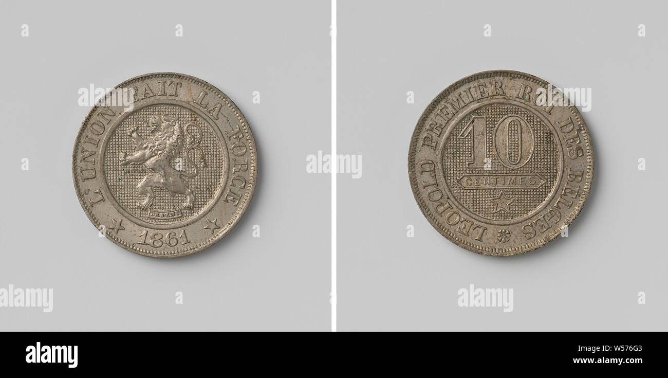 10 c. de Léopold Ier, Roi des Belges, orienté vers la gauche : avant, du lion sur champ au-dessus de multiples facettes avec de la cartouche à l'intérieur inscription, cut : inscription et signature. Inverse : numéro 10 ci-dessus a cartouche avec l'inscription et l'étoile à cinq branches au sein de l'inscription, (Léopold I Roi des Belges), Joseph Pierre Braemt, Belgique, 1861, le nickel (métal), frappant (métallurgie), d 2,1 cm × W 4,56 Banque D'Images
