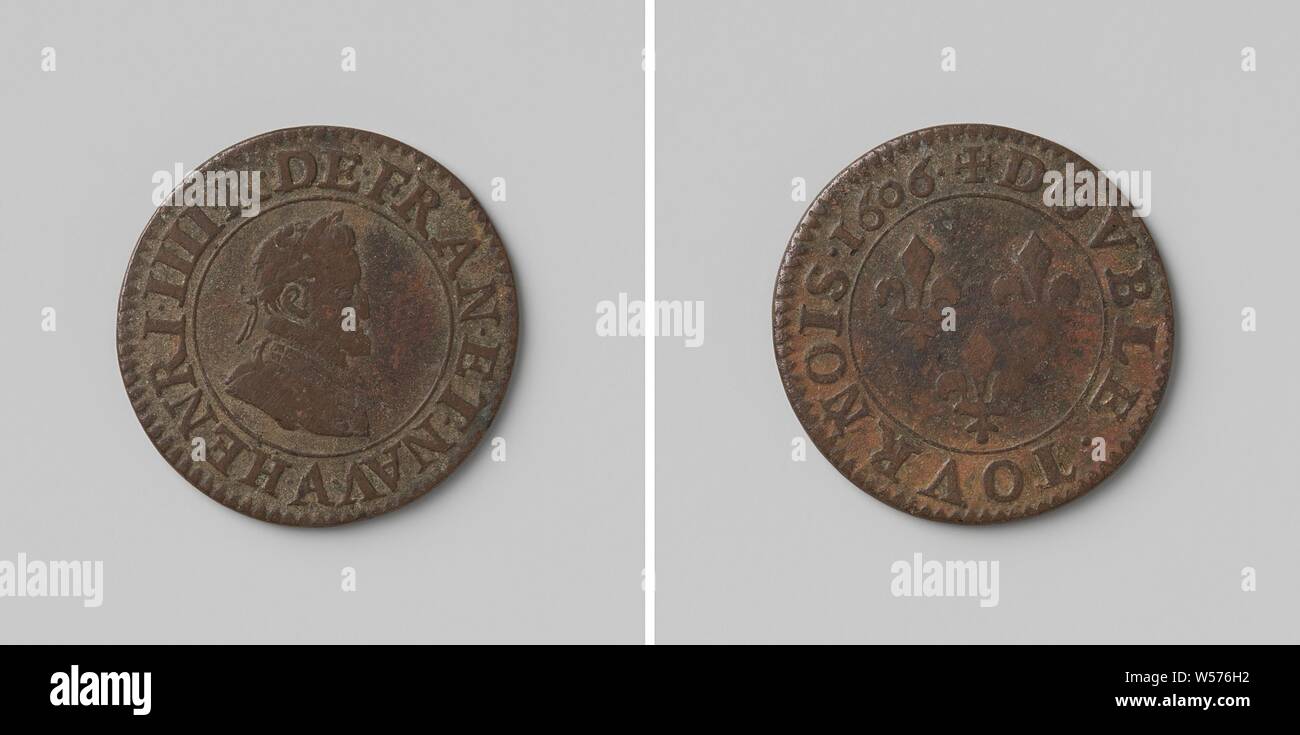 Le Double tournois d'Henri IV, roi de France, avers : buste d'homme avec couronne de laurier à l'intérieur une inscription. Marche arrière : trois nénuphars dans un cercle, Henry IV (Roi de France et de Navarre), anonyme, Paris, 1606, le cuivre (métal), frappant (métallurgie), d 2 cm × w 2.91 Banque D'Images